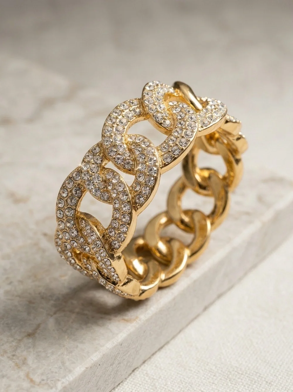 Gold-Tone Crystal Pave Chunky Stretch Chain Link Bracelet Excellent Condition